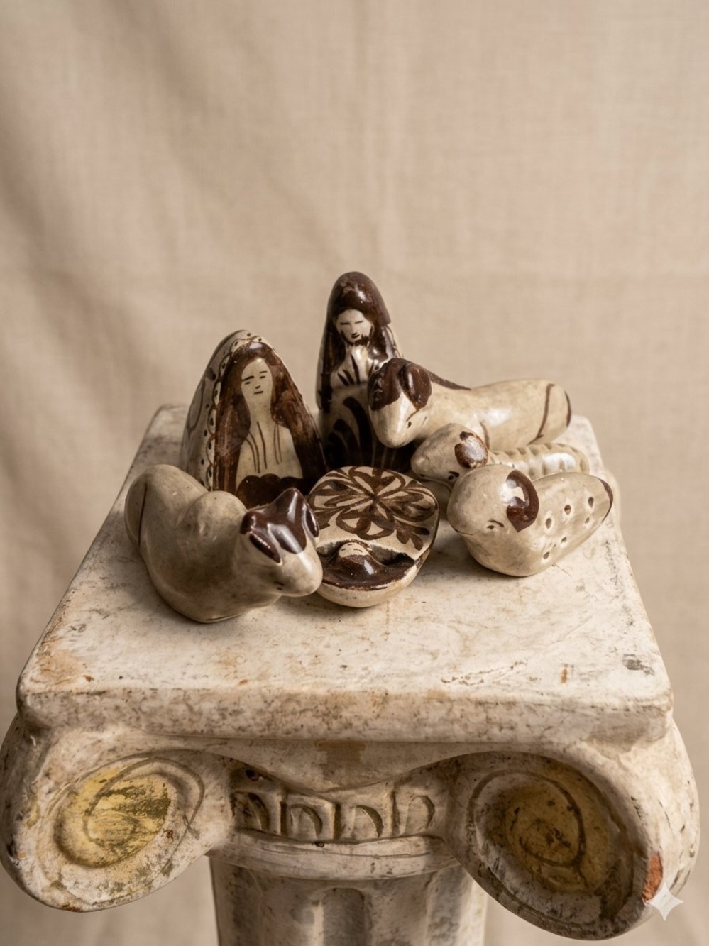 Vintage Mexican Tonala Nativity Set Scene 7 Piece Hand Painted Pottery Folk Art